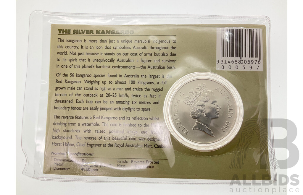 Australian RAM 1997 Silver Frosted One Dollar Coin, Silver Kangaroo .999