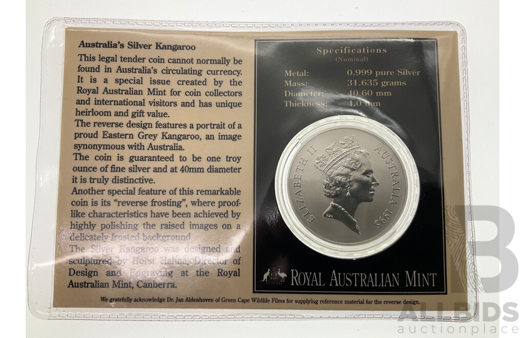Australian RAM 1995 Silver Frosted One Dollar Coin, Silver Kangaroo .999