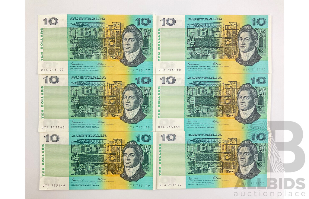 Six Australian 1985 Ten Dollar Notes, Johnston/Fraser R309 Consecutive UTA 715147 - UTA715152