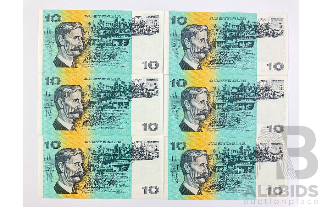 Six Australian 1985 Ten Dollar Notes, Johnston/Fraser R309 Consecutive UTA 715147 - UTA715152