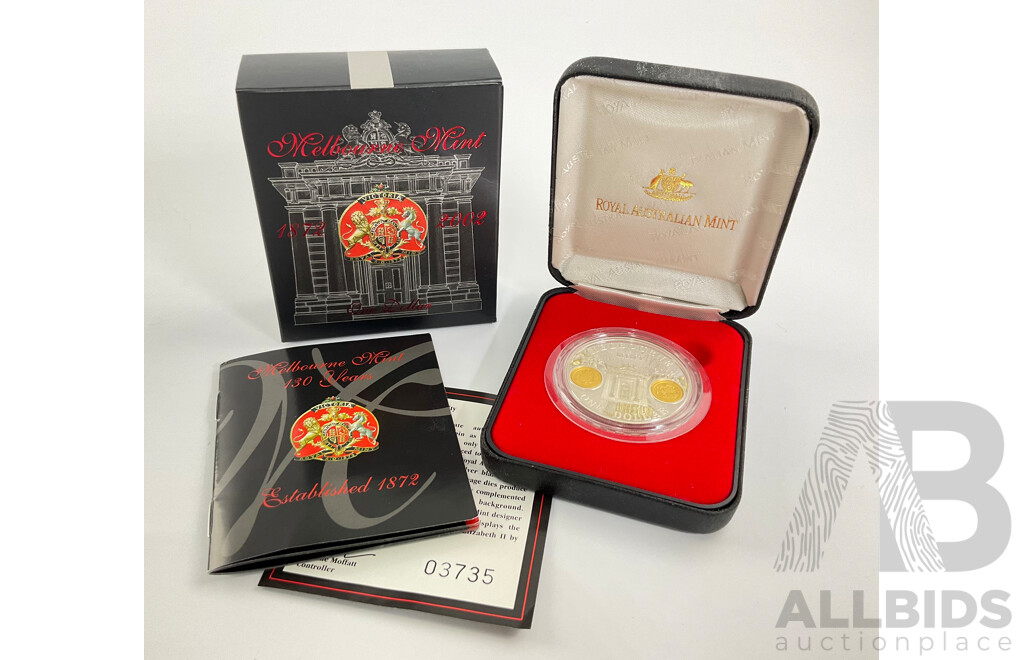 Australian RAM 2002 Silver Proof/Gold Inserts One Dollar Coin, Melbourne Mint 130 Years .999