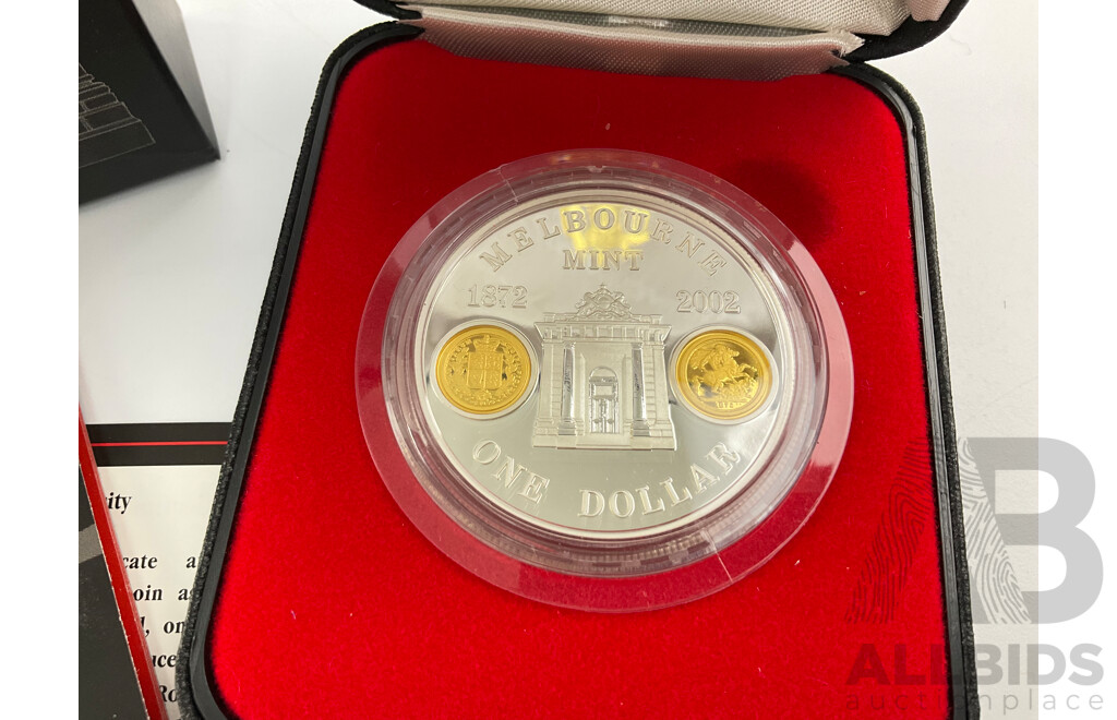 Australian RAM 2002 Silver Proof/Gold Inserts One Dollar Coin, Melbourne Mint 130 Years .999