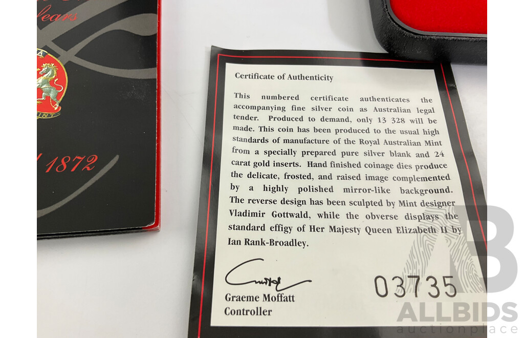 Australian RAM 2002 Silver Proof/Gold Inserts One Dollar Coin, Melbourne Mint 130 Years .999