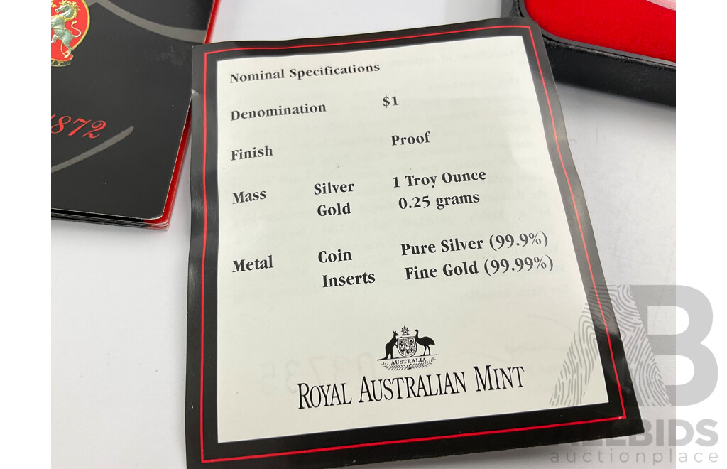 Australian RAM 2002 Silver Proof/Gold Inserts One Dollar Coin, Melbourne Mint 130 Years .999