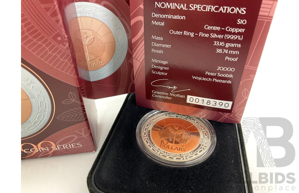 Australian RAM 1999 Silver/Copper Proof Ten Dollar Coin, Millennium Coin Series 'The Past' .999
