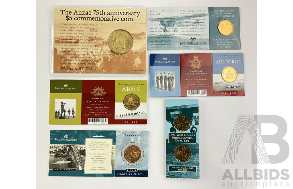 Australian RAM Commemorative Coins Including 1990 Five Dollar ANZAC, 1997 One Dollar Dual Set, 2000 One Dollar HMAS Sydney II C Mint Mark, 2001 One Dollars, Air Force and Army C Mint Mark