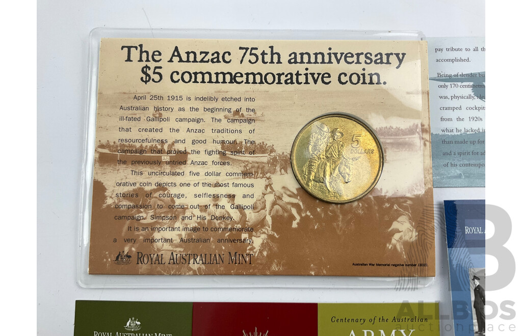 Australian RAM Commemorative Coins Including 1990 Five Dollar ANZAC, 1997 One Dollar Dual Set, 2000 One Dollar HMAS Sydney II C Mint Mark, 2001 One Dollars, Air Force and Army C Mint Mark