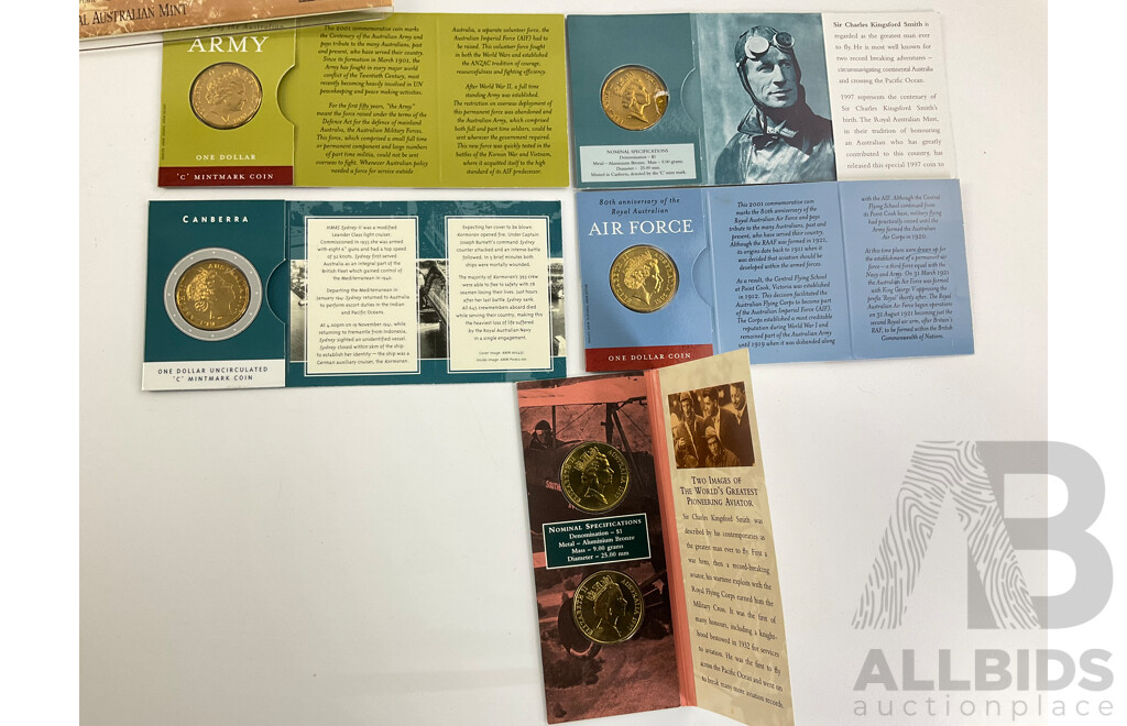 Australian RAM Commemorative Coins Including 1990 Five Dollar ANZAC, 1997 One Dollar Dual Set, 2000 One Dollar HMAS Sydney II C Mint Mark, 2001 One Dollars, Air Force and Army C Mint Mark