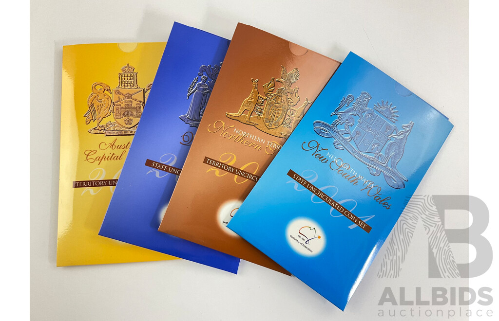 Four Australian RAM 2001 Centenary of Federation Three Coin Sets, One Dollar, Fifty and Twenty Cent, Northern Territory, New South Wales, Victoria, Australian Capital Territory