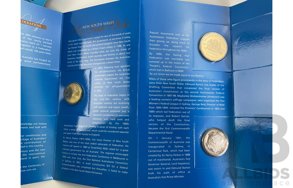 Four Australian RAM 2001 Centenary of Federation Three Coin Sets, One Dollar, Fifty and Twenty Cent, Northern Territory, New South Wales, Victoria, Australian Capital Territory