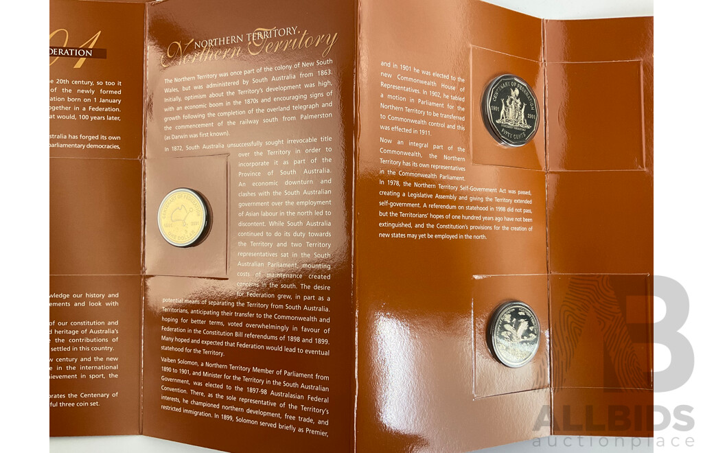 Four Australian RAM 2001 Centenary of Federation Three Coin Sets, One Dollar, Fifty and Twenty Cent, Northern Territory, New South Wales, Victoria, Australian Capital Territory