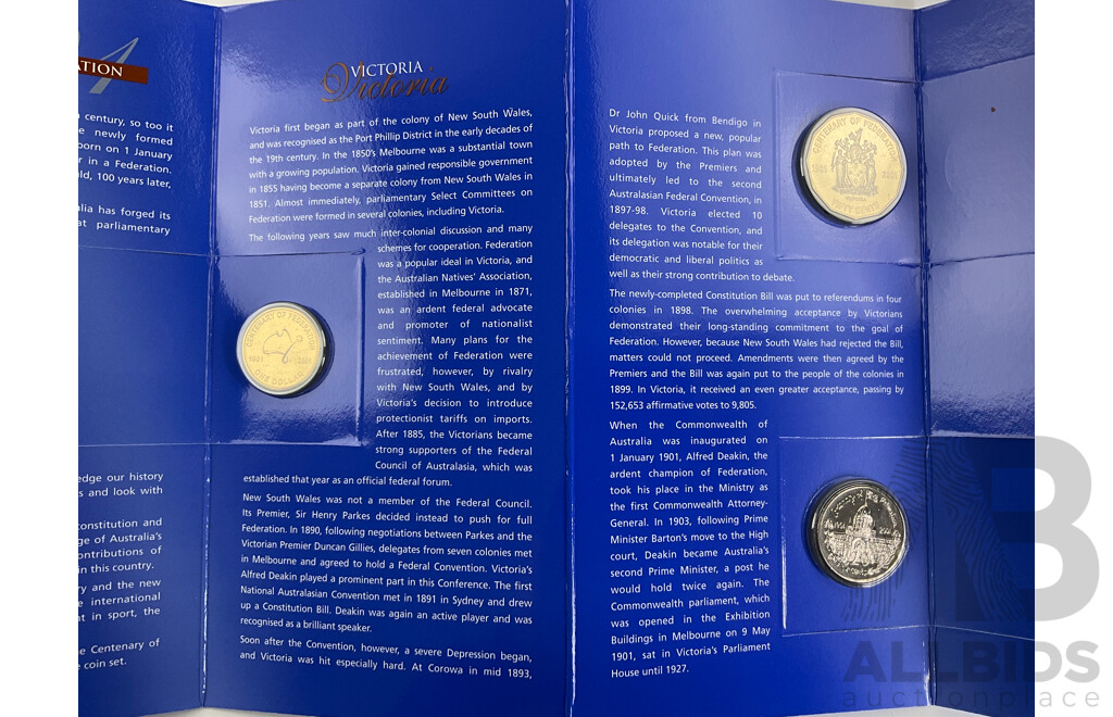 Four Australian RAM 2001 Centenary of Federation Three Coin Sets, One Dollar, Fifty and Twenty Cent, Northern Territory, New South Wales, Victoria, Australian Capital Territory