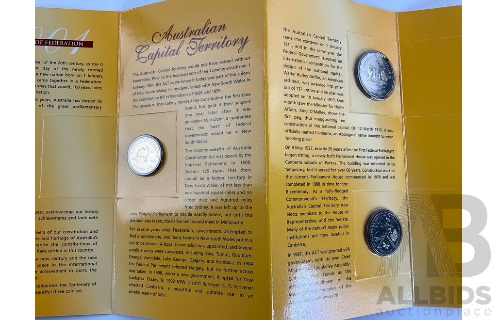 Four Australian RAM 2001 Centenary of Federation Three Coin Sets, One Dollar, Fifty and Twenty Cent, Northern Territory, New South Wales, Victoria, Australian Capital Territory