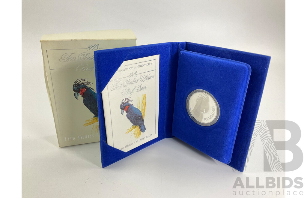 Australian RAM 1993 Silver Proof Ten Dollar Coin, Birds of Australia, Palm Cockatoo .925