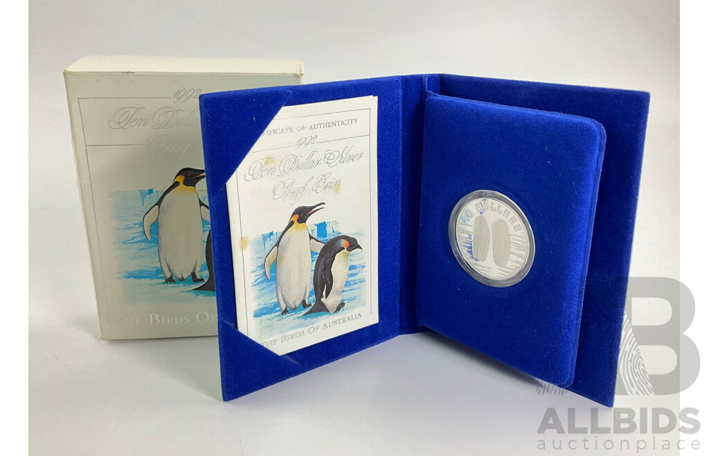 Australian RAM 1992 Silver Proof Ten Dollar Coin, Birds of Australia, Emperor Penguin .925