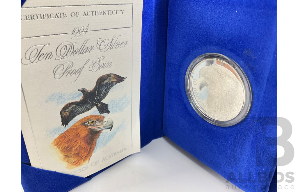 Australian RAM 1994 Silver Proof Ten Dollar Coin, Birds of Australia, Wedged-Tail Eagle .925