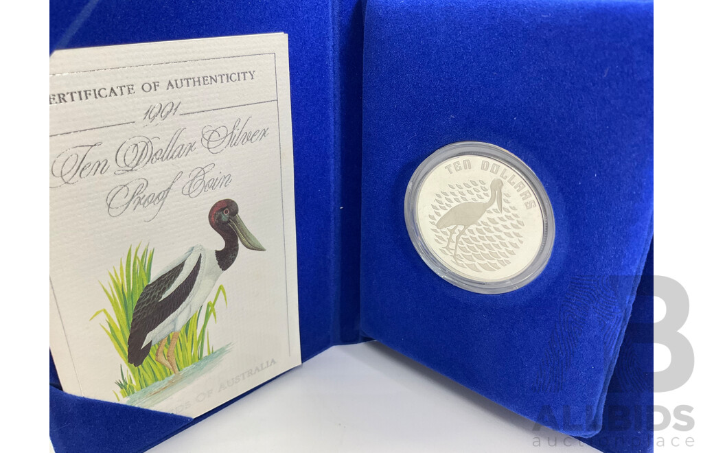 Australian RAM 1991 Silver Proof Ten Dollar Coin, Birds of Australia, Jabiru .925