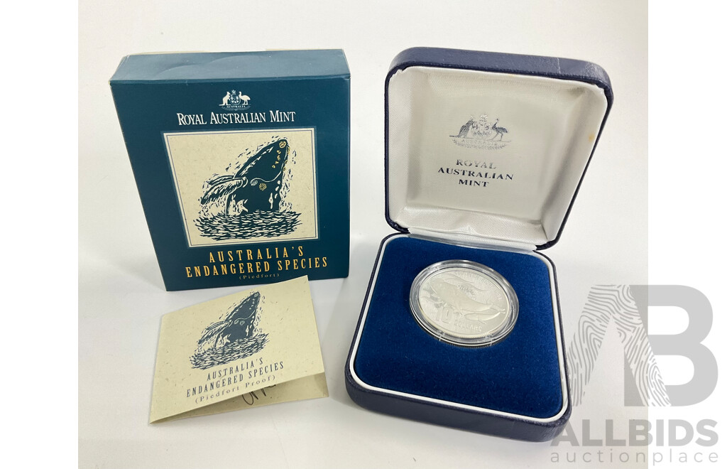 Australian RAM 1996 Silver Piedfort Proof Ten Dollar Coin, Australia's Endangered Species, Southern Right Whale .925