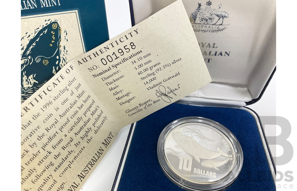 Australian RAM 1996 Silver Piedfort Proof Ten Dollar Coin, Australia's Endangered Species, Southern Right Whale .925