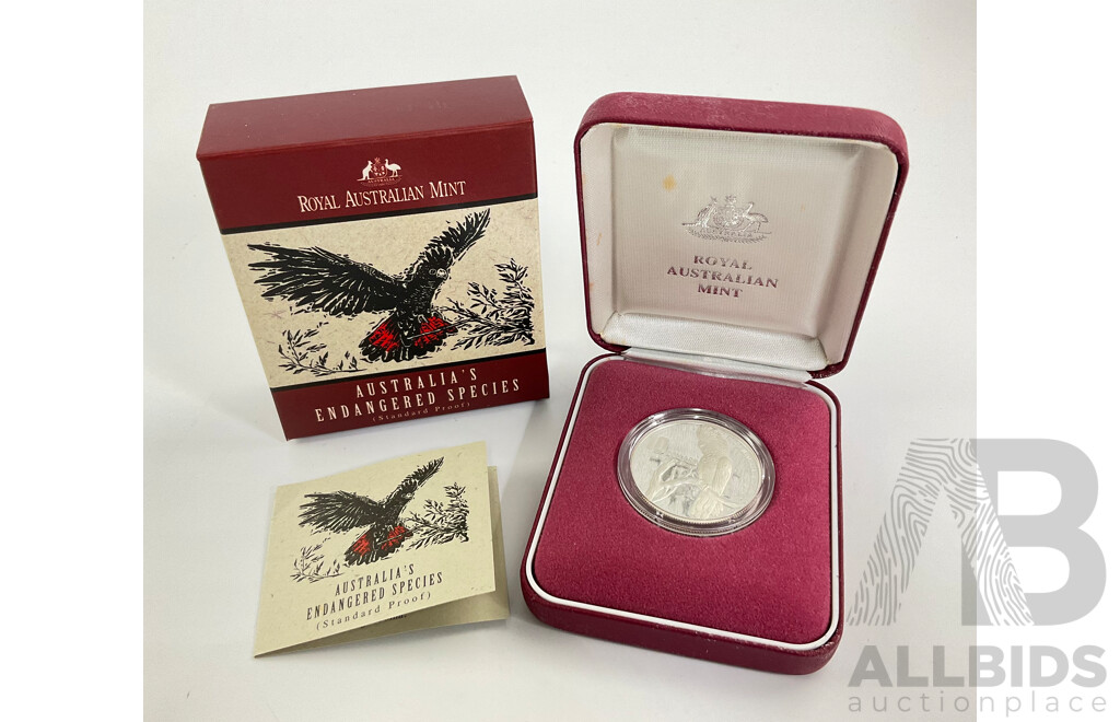 Australian RAM 1997 Silver Proof Ten Dollar Coin, Australia's Endangered Species, South Eastern Red Tailed Black Cockatoo .925