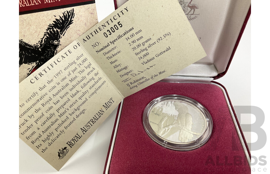 Australian RAM 1997 Silver Proof Ten Dollar Coin, Australia's Endangered Species, South Eastern Red Tailed Black Cockatoo .925