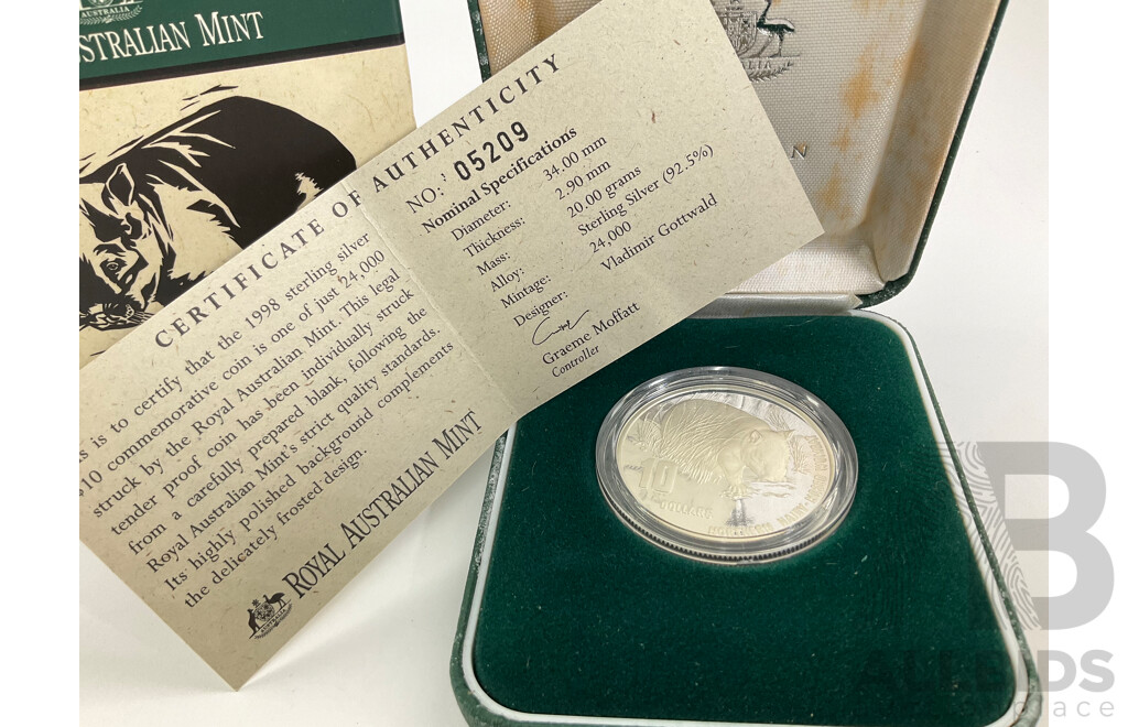 Australian RAM 1998 Silver Proof Ten Dollar Coin, Australia's Endangered Species, Northern Hairy Nosed Wombat .925