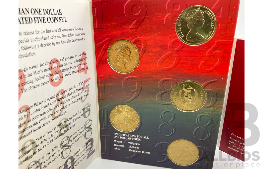 Australian RAM UNC One Dollar Coins Including 1984 First Year Issue, Five Coin Set Including 1984, 1985, 1986 Year of Peace, 1988 Aboriginal Design, 1992 Barcelona Olympics