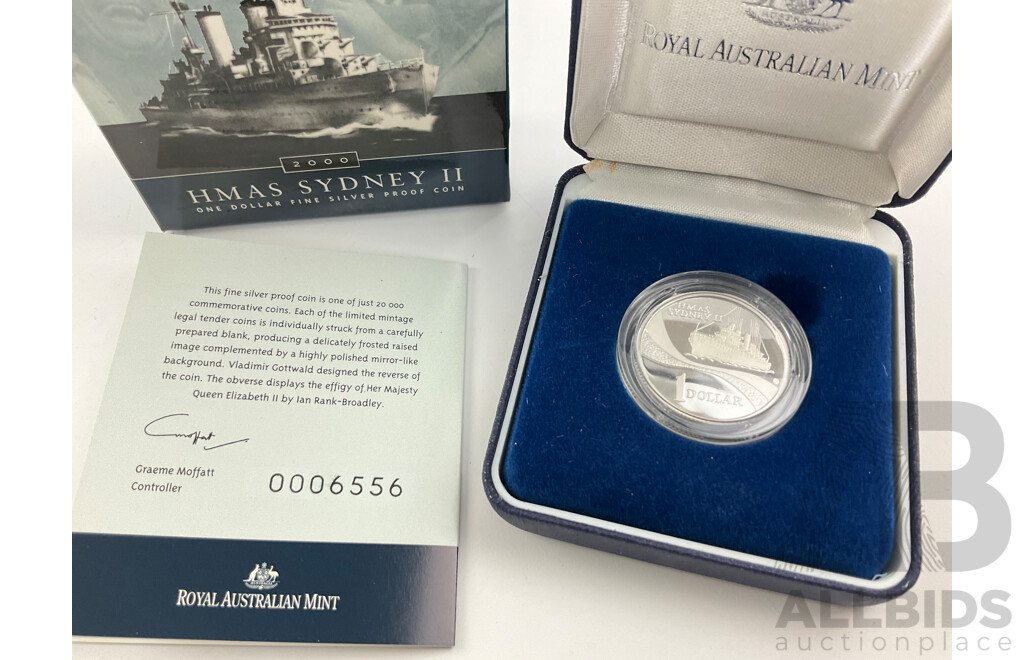 Australian RAM 2000 Silver Proof One Dollar Coin, HMAS Sydney II .999