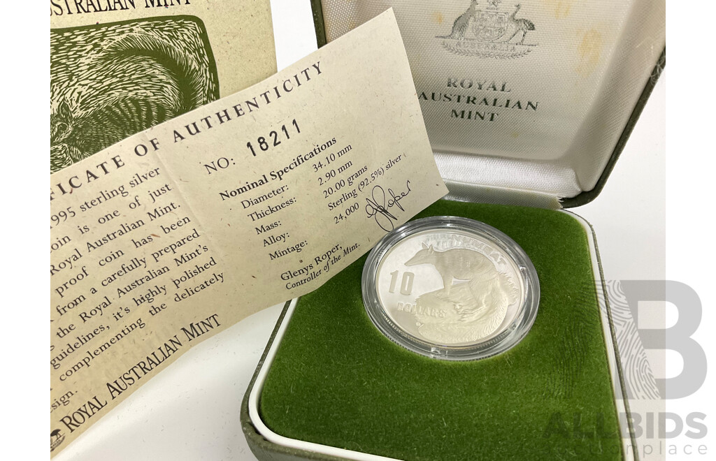 Australian RAM 1995 Silver Proof Ten Dollar Coin, Australia's Endangered Species, The Numbat .925