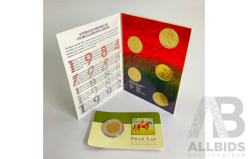 Australian RAM UNC Five One Dollar Coin Set Including 1984, 1985, 1986 Year of Peace, 1988 Kangaroo, 1992 Barcelona and 2000 Bimetallic Five Dollar Coin, Phar Lap