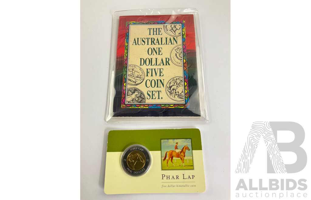 Australian RAM UNC Five One Dollar Coin Set Including 1984, 1985, 1986 Year of Peace, 1988 Kangaroo, 1992 Barcelona and 2000 Bimetallic Five Dollar Coin, Phar Lap