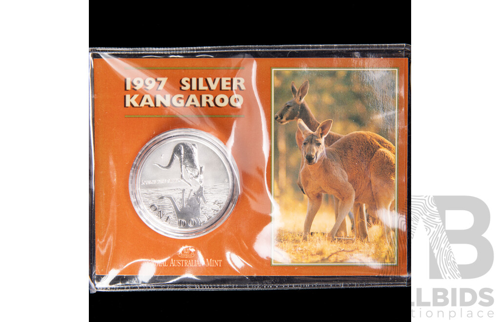 Australian RAM 1997 Silver Frosted One Dollar Coin, Silver Kangaroo .999