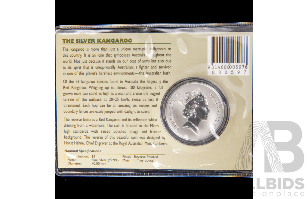 Australian RAM 1997 Silver Frosted One Dollar Coin, Silver Kangaroo .999