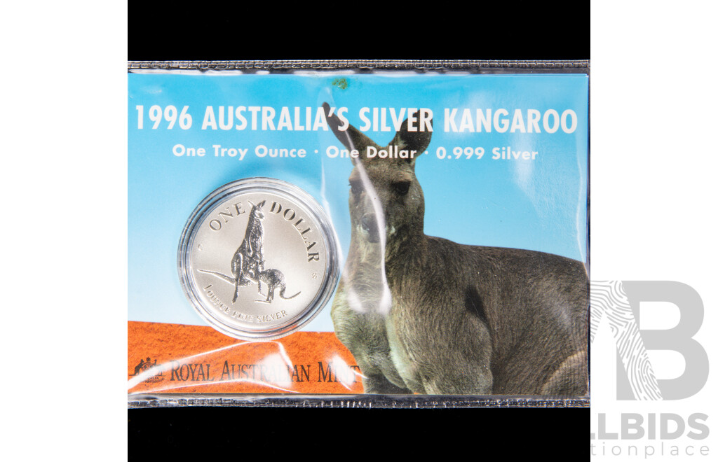 Australian RAM 1996 Silver Frosted One Dollar Coin, Silver Kangaroo .999