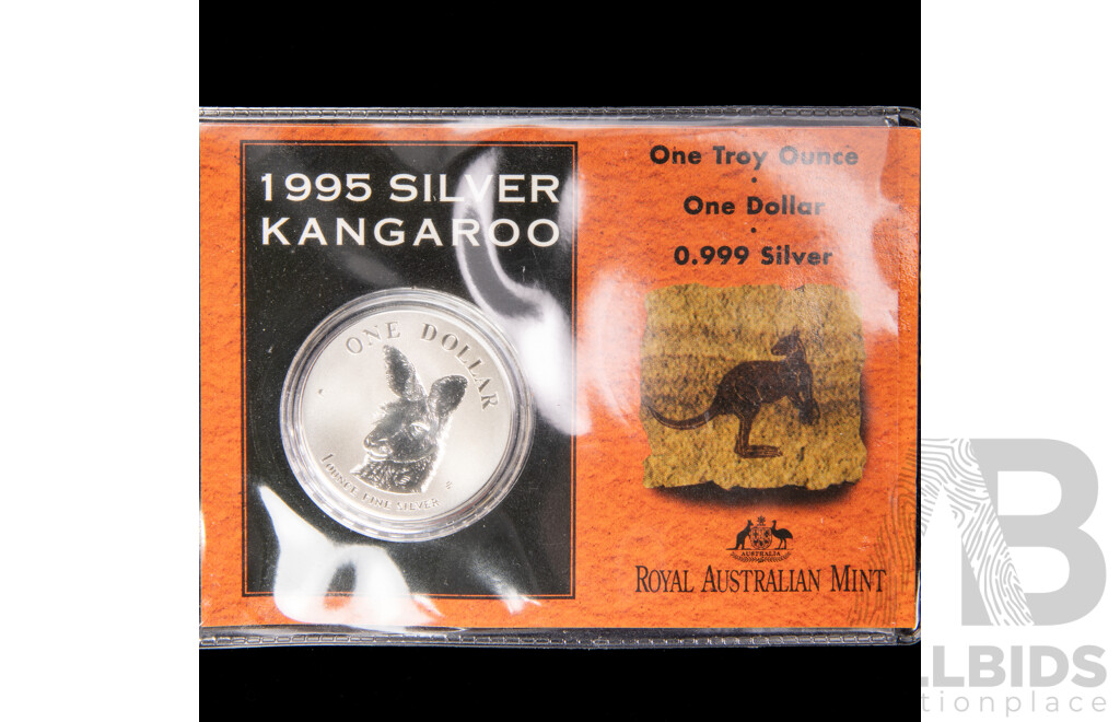 Australian RAM 1995 Silver Frosted One Dollar Coin, Silver Kangaroo .999