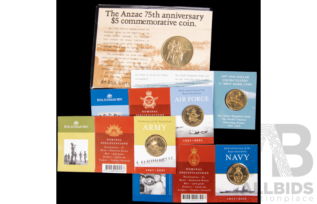 Australian RAM 1990 Five Dollar, ANZAC, 2001 Defence Forces One Dolar Coins, Nave, Army Air Force, 1997 One Dollar Charles Kingsford Smith C Mint Mark