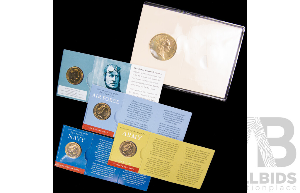 Australian RAM 1990 Five Dollar, ANZAC, 2001 Defence Forces One Dolar Coins, Nave, Army Air Force, 1997 One Dollar Charles Kingsford Smith C Mint Mark