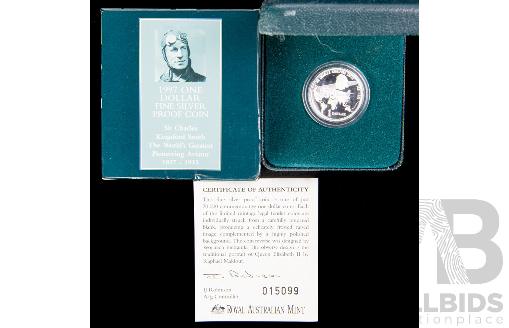 Australian RAM 1990 Silver Proof One Dollar Coin, Sir Charles Kingsford Smith .999