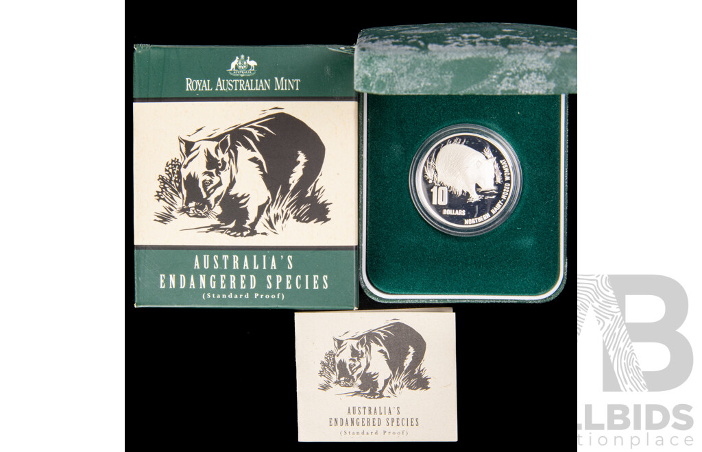 Australian RAM 1998 Silver Proof Ten Dollar Coin, Australia's Endangered Species, Northern Hairy Nosed Wombat .925