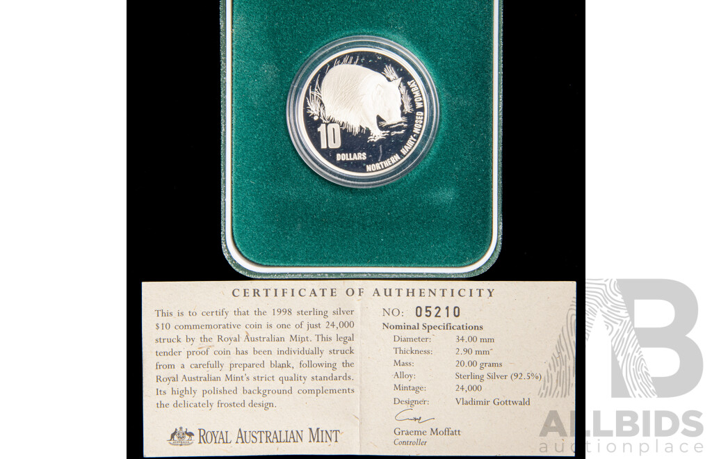 Australian RAM 1998 Silver Proof Ten Dollar Coin, Australia's Endangered Species, Northern Hairy Nosed Wombat .925