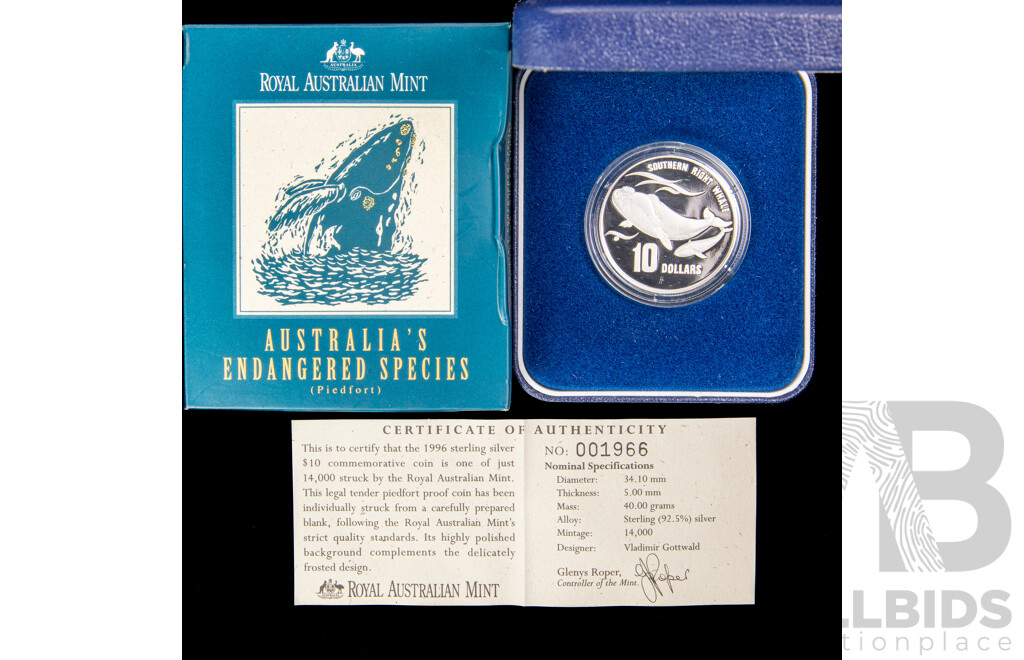 Australian RAM 1996 Silver Piedfort Proof Ten Dollar Coin, Australia's Endangered Species, Southern Right Whale .925