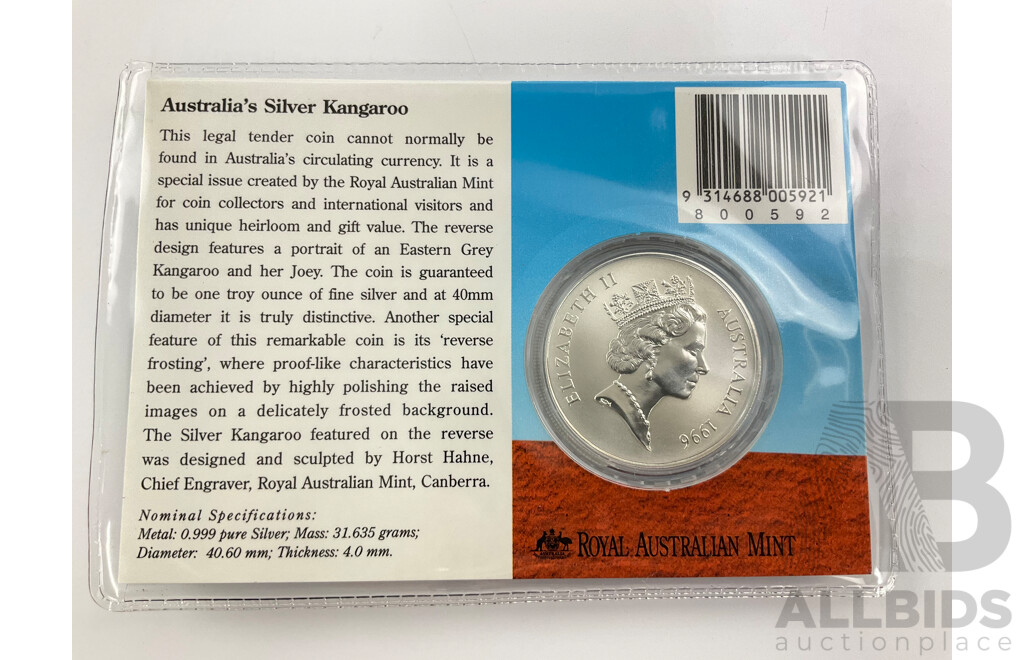 Australian RAM 1996 Silver Frosted One Dollar Coin, Silver Kangaroo .999