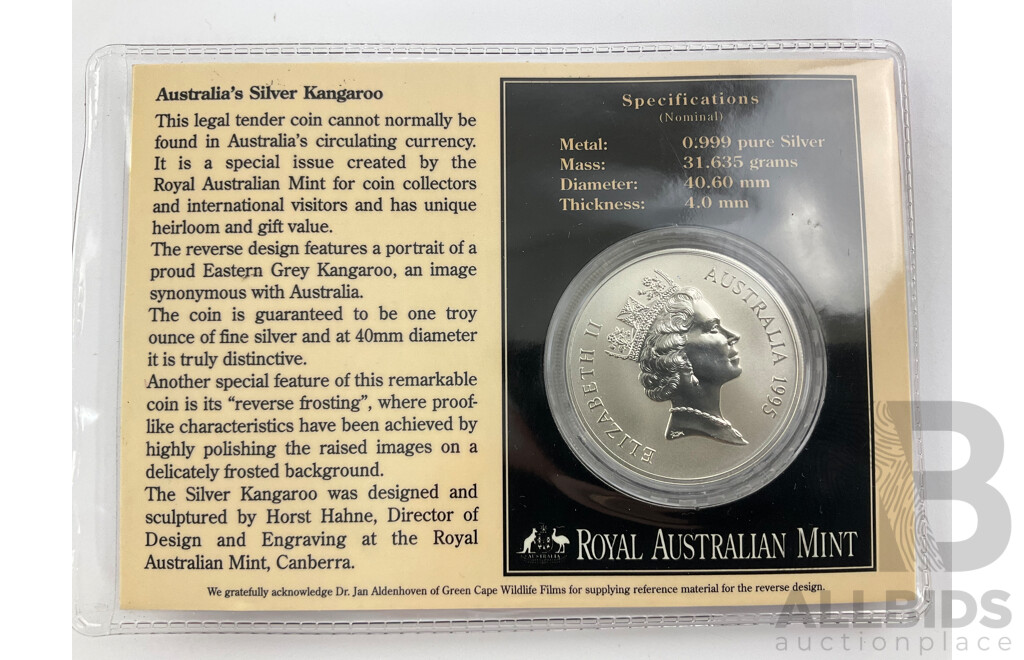 Australian RAM 1995 Silver Frosted One Dollar Coin, Silver Kangaroo .999