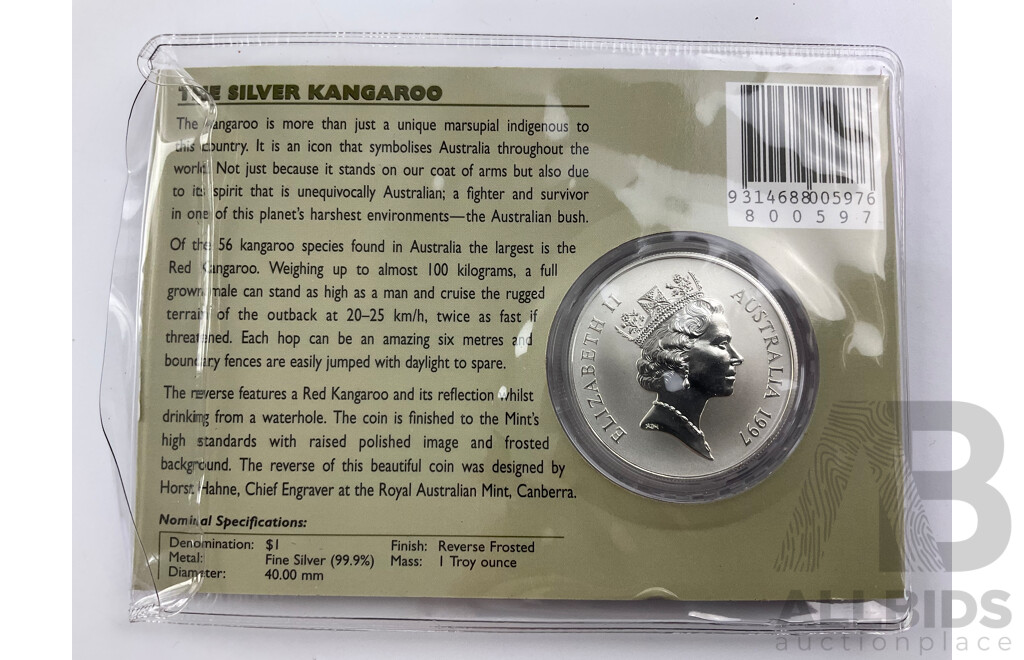 Australian RAM 1997 Silver Frosted One Dollar Coin, Silver Kangaroo .999
