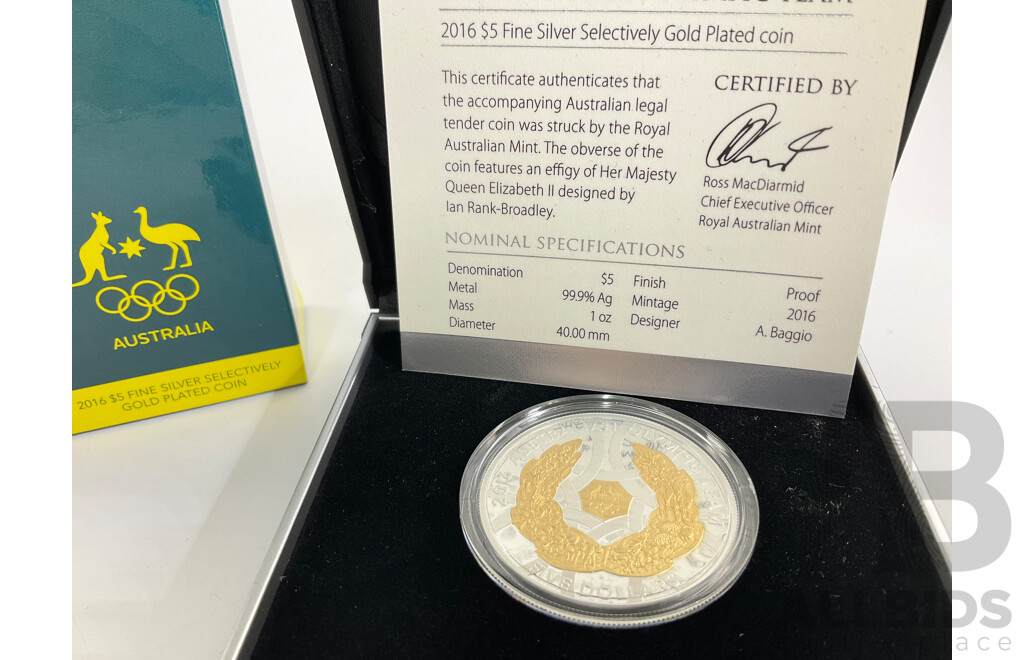 Australian RAM 2016 Silver Proof-Gold Plated Five Dollar Coin, Australian Olympic Coin .999