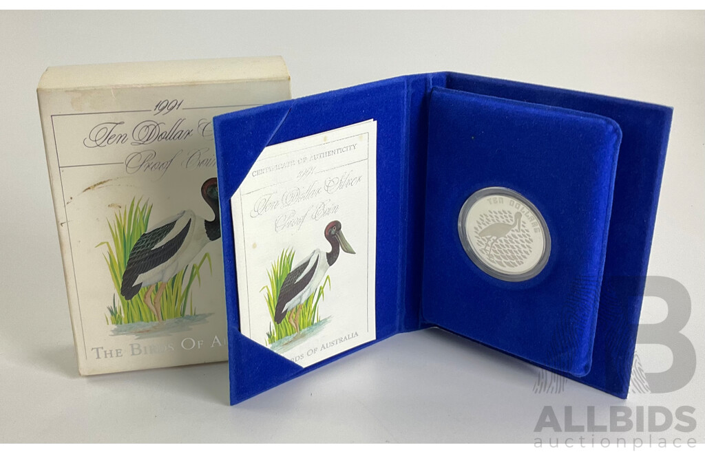 Australian RAM 1991 Silver Proof Ten Dollar Coin, Birds of Australia, Jabiru .925