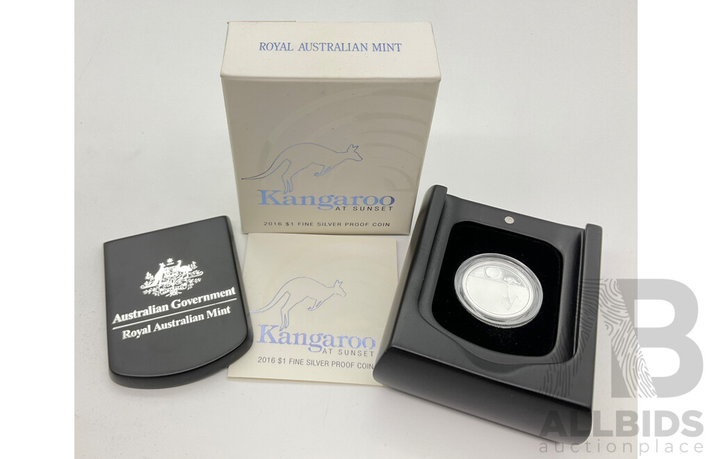 Australian RAM 2016 One Dollar Silver Proof Coin, Kangaroo at Sunset .999