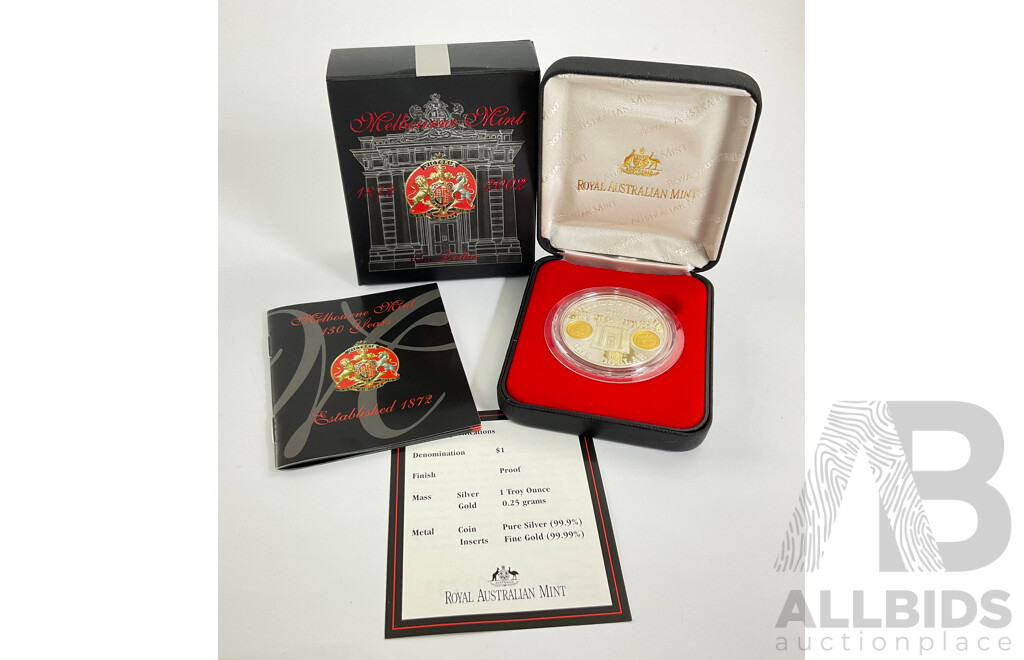 Australian RAM 2002 Silver Proof/Gold Inserts One Dollar Coin, Melbourne Mint 130 Years .999