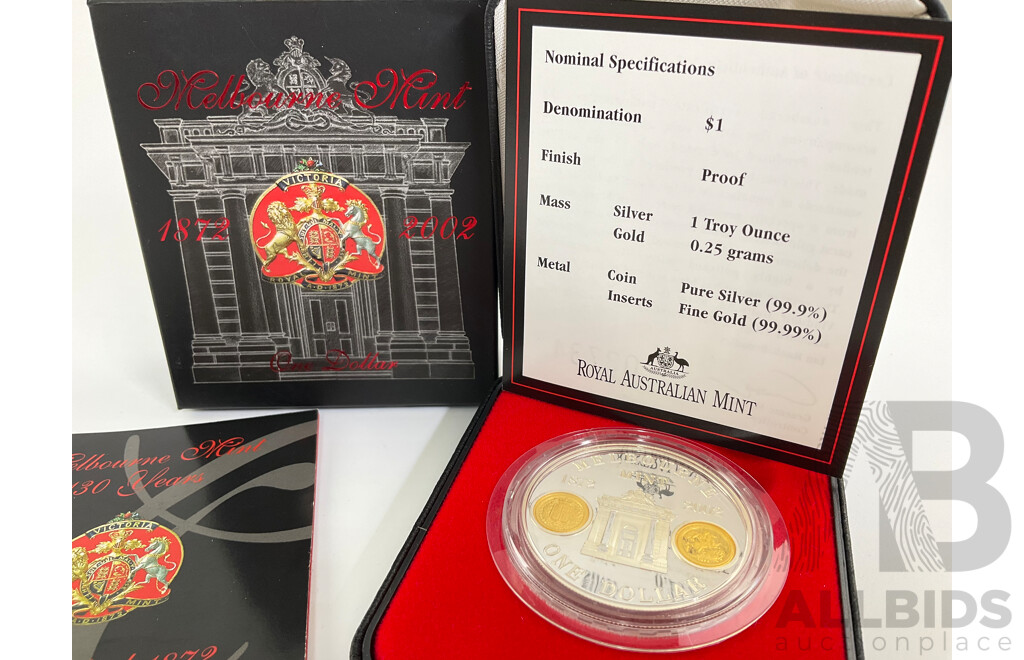 Australian RAM 2002 Silver Proof/Gold Inserts One Dollar Coin, Melbourne Mint 130 Years .999