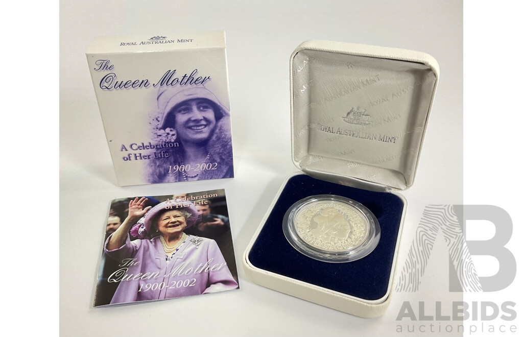 Australian RAM 2002 Silver Proof Five Dollar Coin, Queen Mother, Celebration of Her Life .999